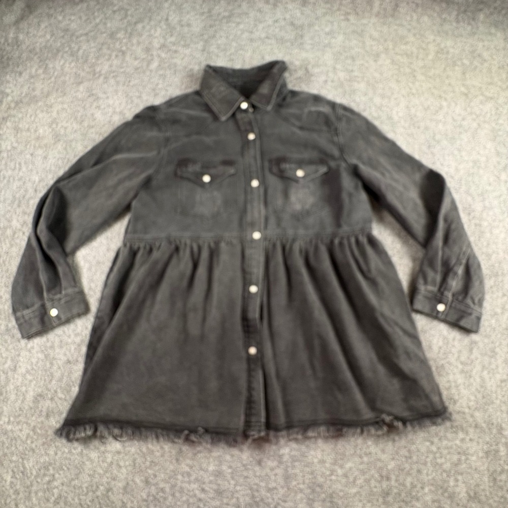 Peplum Denim Jacket Women XL Black Distressed Boho Cowgirl Shacket Y2K Grunge